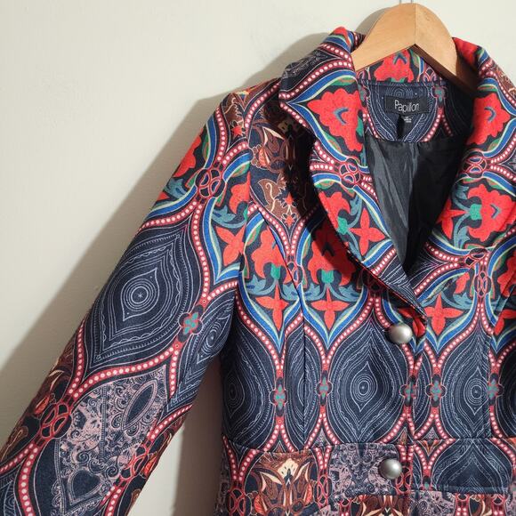 Papillon colorful brushed felt abstract pattern mid length driving coat woman M - Picture 4 of 13